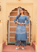 Juniper Women'S Blue Floral Print Viscose Kurta & Pant Set With Sequin And Bead Work - Distacart