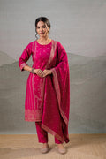 Juniper Fuchsia Foil-Print Straight Kurta Set With Pant & Ornate Dupatta - Distacart