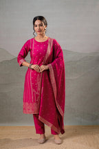 Juniper Fuchsia Foil-Print Straight Kurta Set With Pant & Ornate Dupatta - Distacart