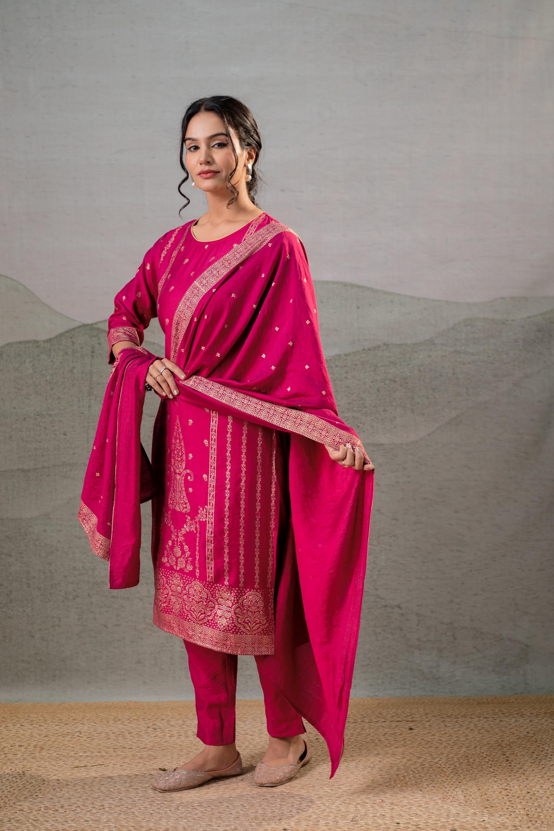 Juniper Fuchsia Foil-Print Straight Kurta Set With Pant & Ornate Dupatta - Distacart