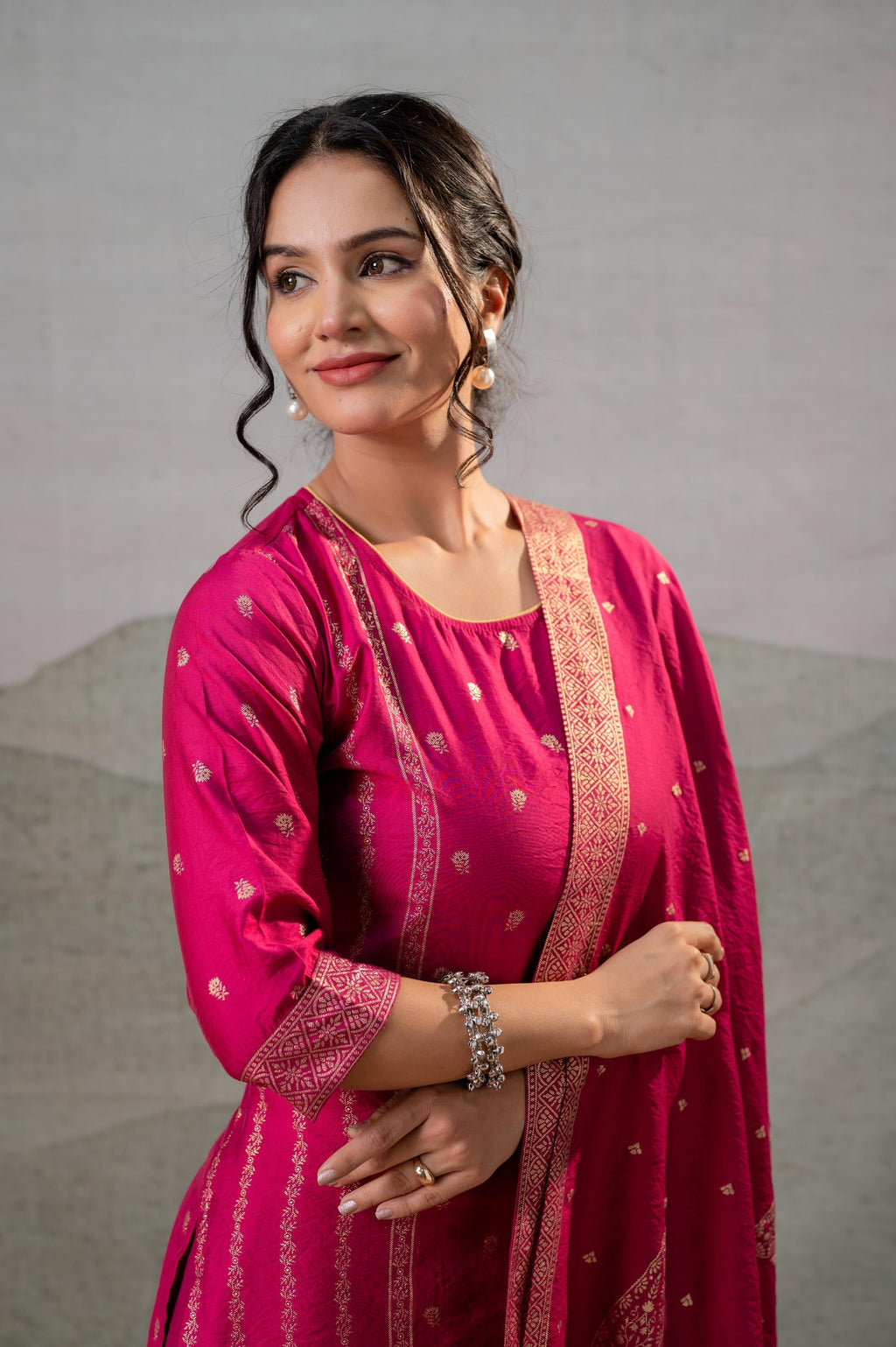 Juniper Fuchsia Foil-Print Straight Kurta Set With Pant & Ornate Dupatta - Distacart