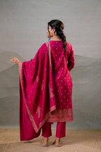 Juniper Fuchsia Foil-Print Straight Kurta Set With Pant & Ornate Dupatta - Distacart
