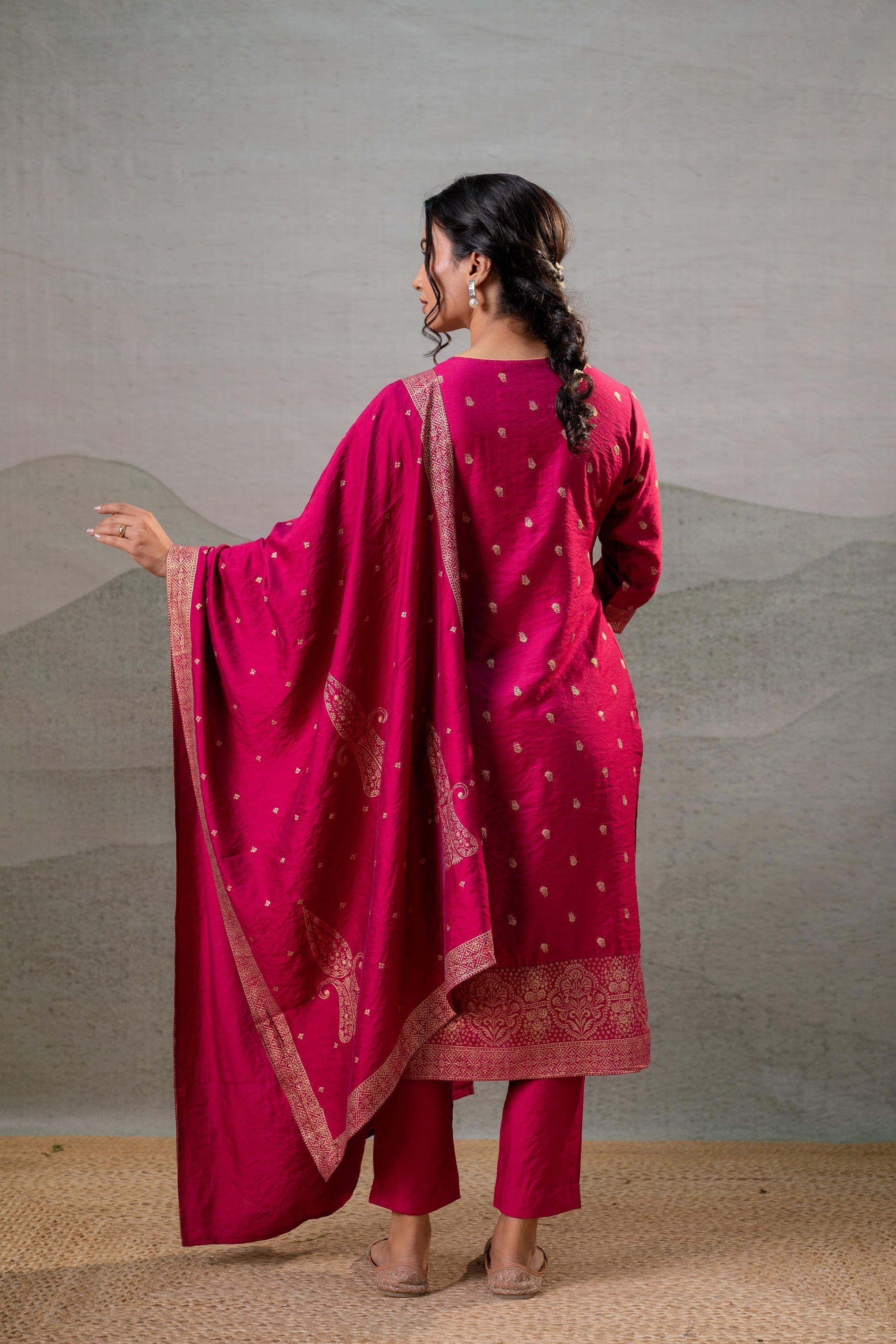 Juniper Fuchsia Foil-Print Straight Kurta Set With Pant & Ornate Dupatta - Distacart