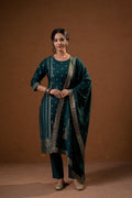 Juniper Green Foil-Print Straight Kurta Set With Pant & Ornate Dupatta - Distacart