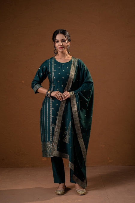 Juniper Green Foil-Print Straight Kurta Set With Pant & Ornate Dupatta