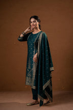 Juniper Green Foil-Print Straight Kurta Set With Pant & Ornate Dupatta - Distacart