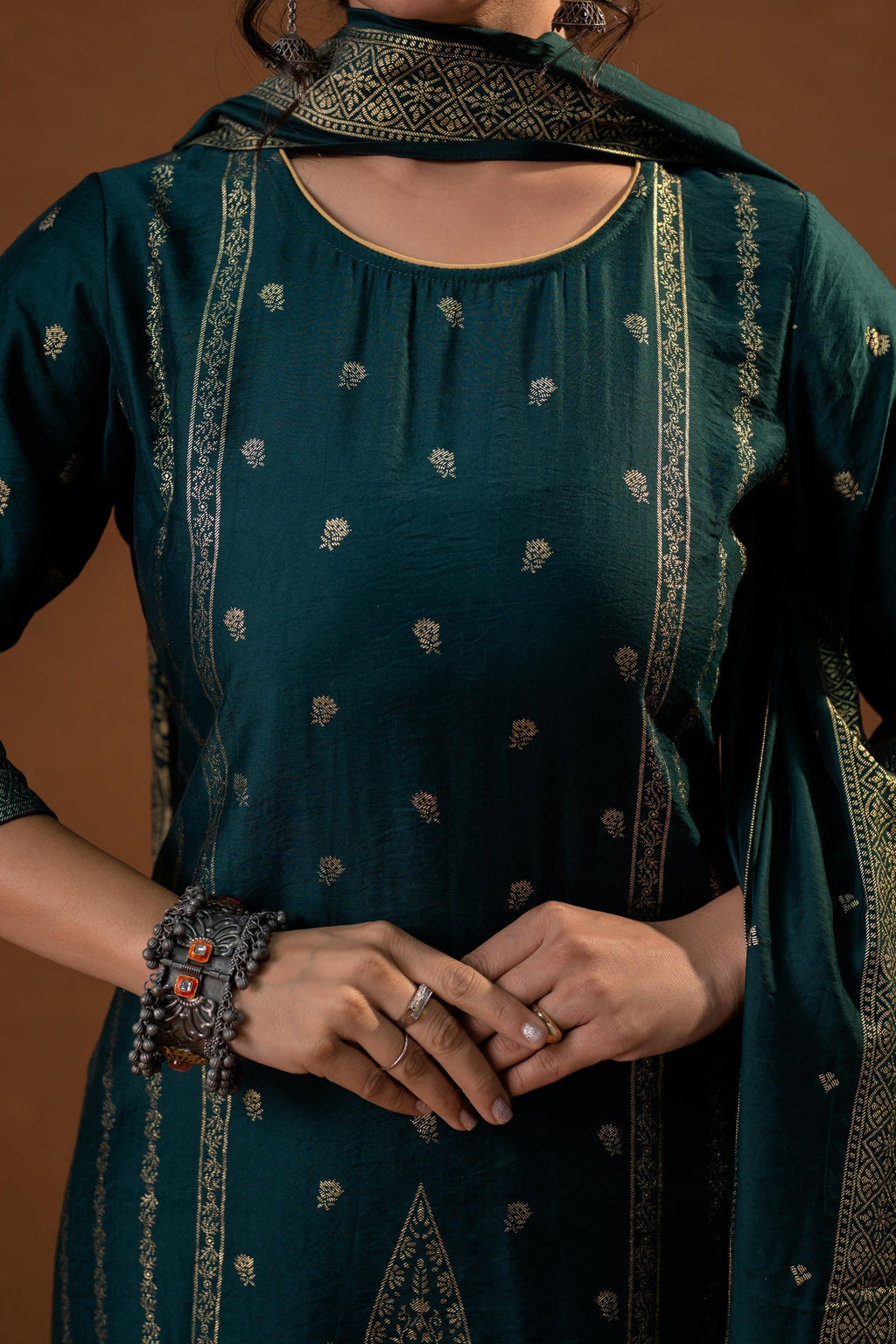 Juniper Green Foil-Print Straight Kurta Set With Pant & Ornate Dupatta - Distacart