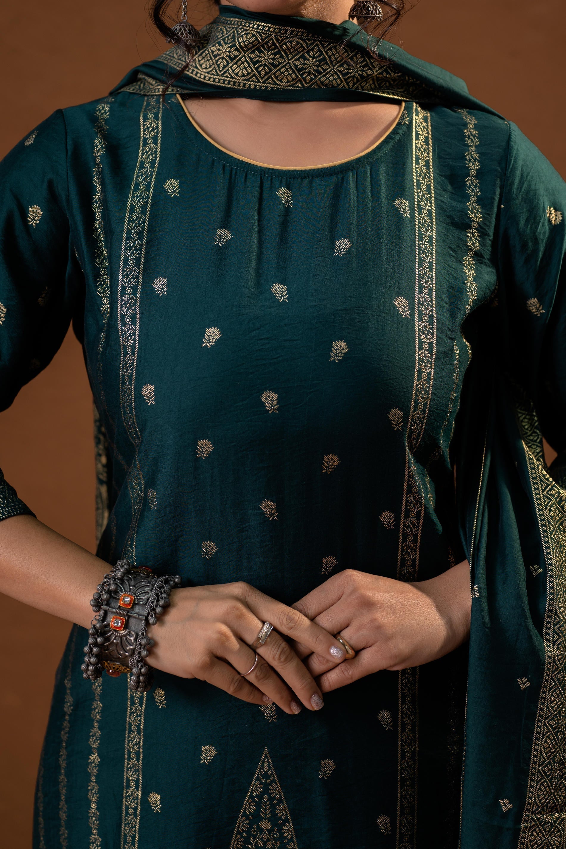 Juniper Green Foil-Print Straight Kurta Set With Pant & Ornate Dupatta - Distacart