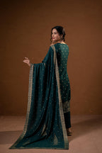Juniper Green Foil-Print Straight Kurta Set With Pant & Ornate Dupatta - Distacart
