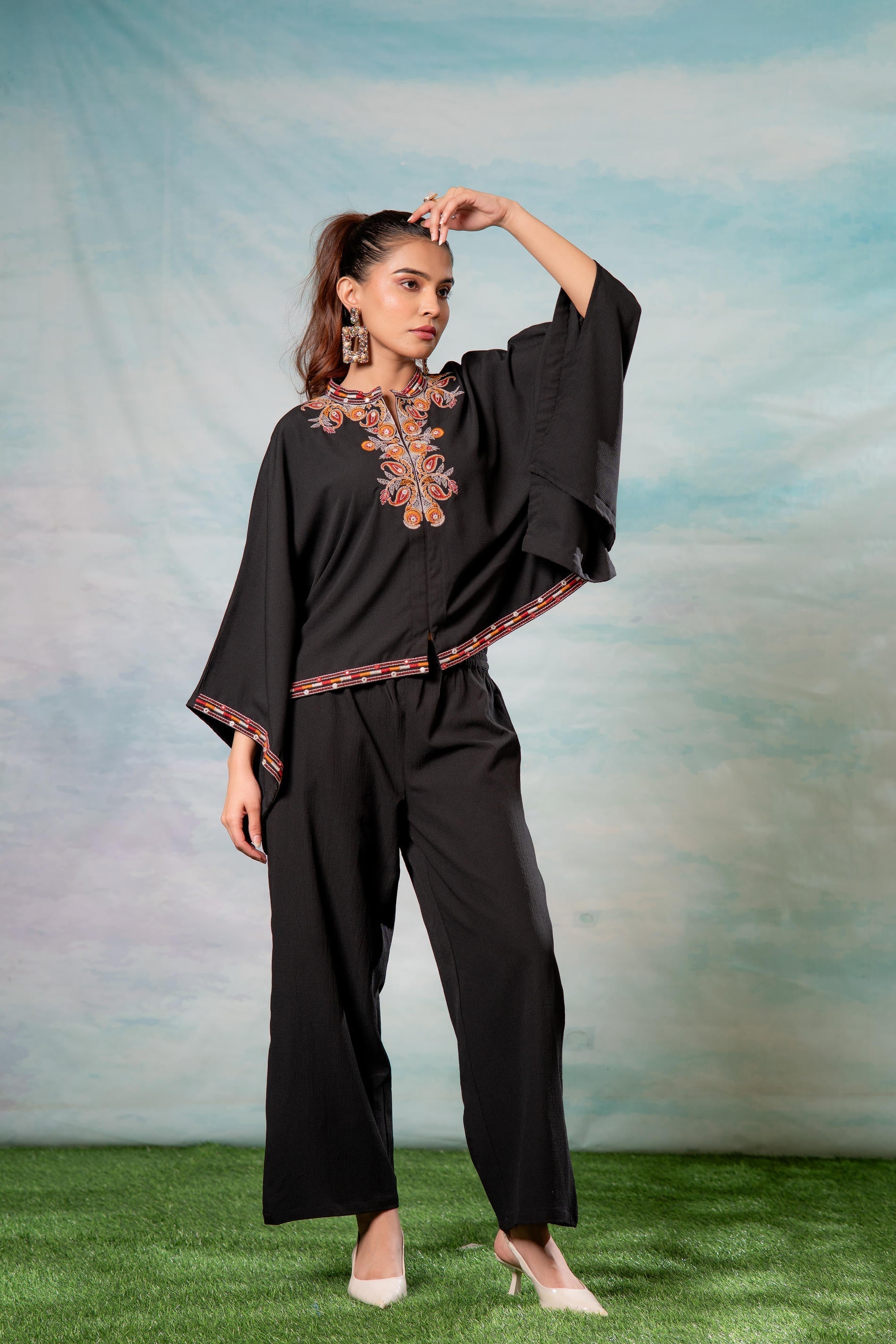 Juniper Black Embroidered Cape Tunic With Matching Palazzo Pants