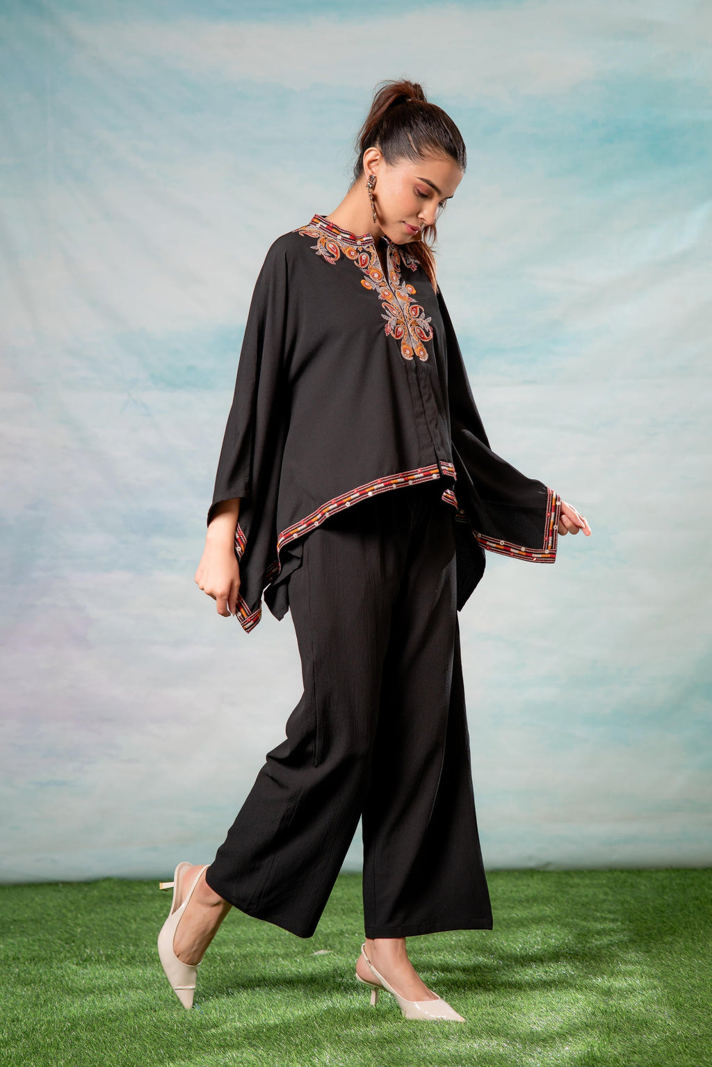Juniper Black Embroidered Cape Tunic With Matching Palazzo Pants