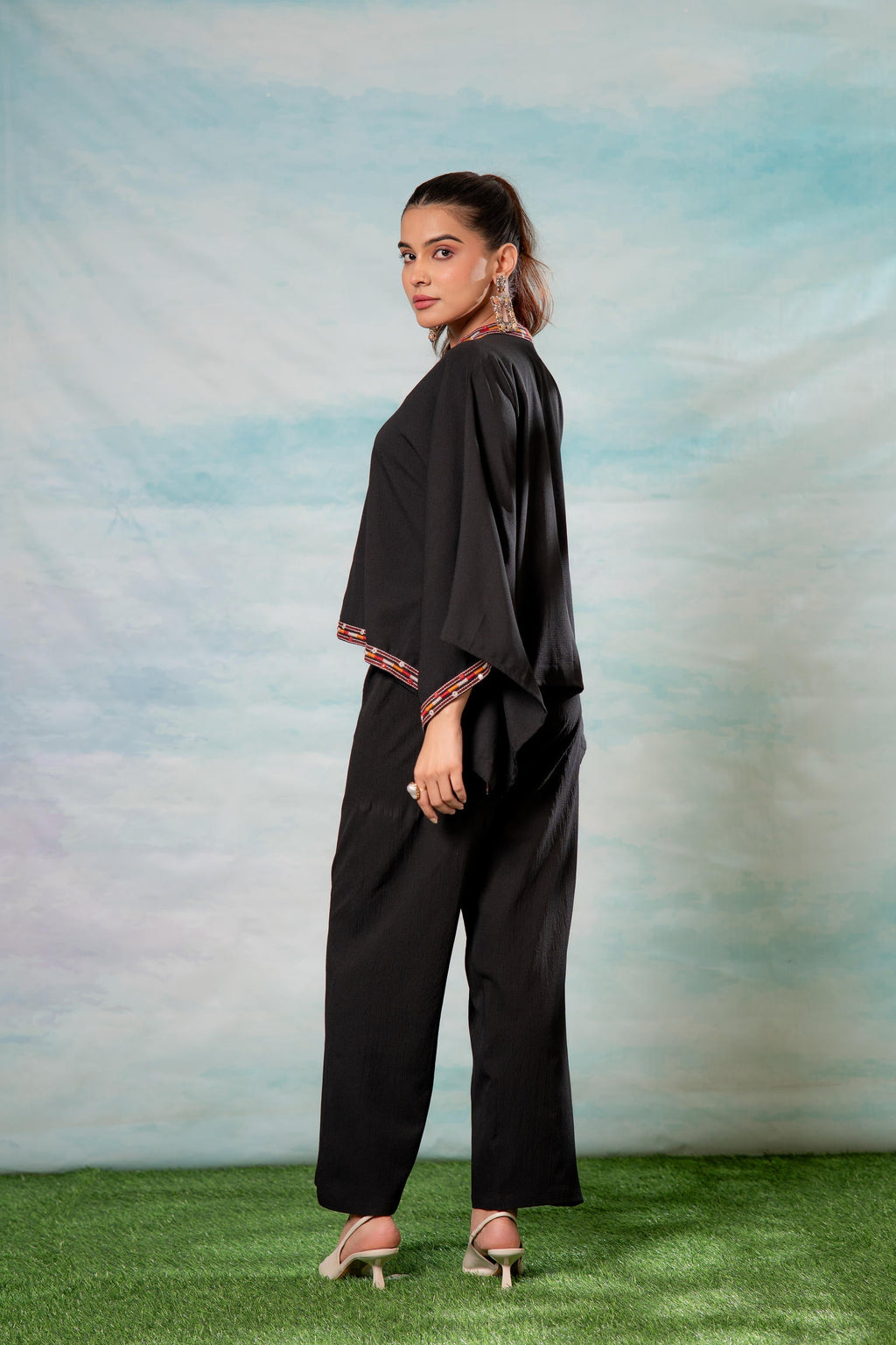 Juniper Black Embroidered Cape Tunic With Matching Palazzo Pants