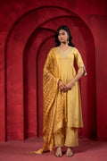 Juniper Mustard Elegance Chanderi Kurta Set With Geometric Dupatta - Distacart