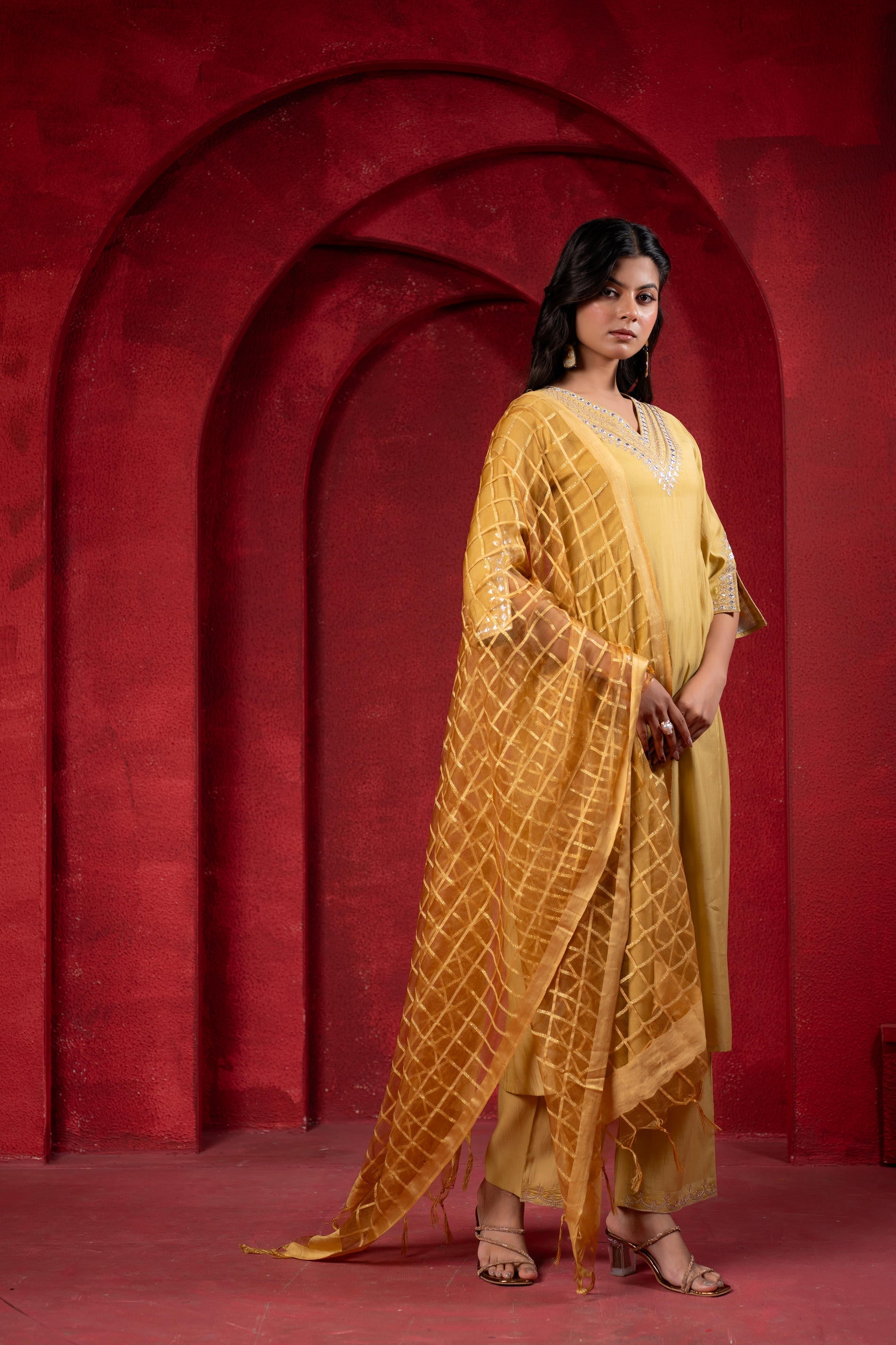Juniper Mustard Elegance Chanderi Kurta Set With Geometric Dupatta - Distacart