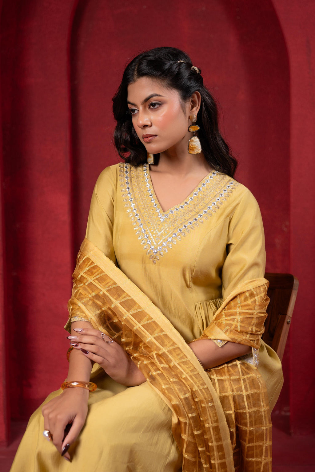 Juniper Mustard Elegance Chanderi Kurta Set With Geometric Dupatta - Distacart