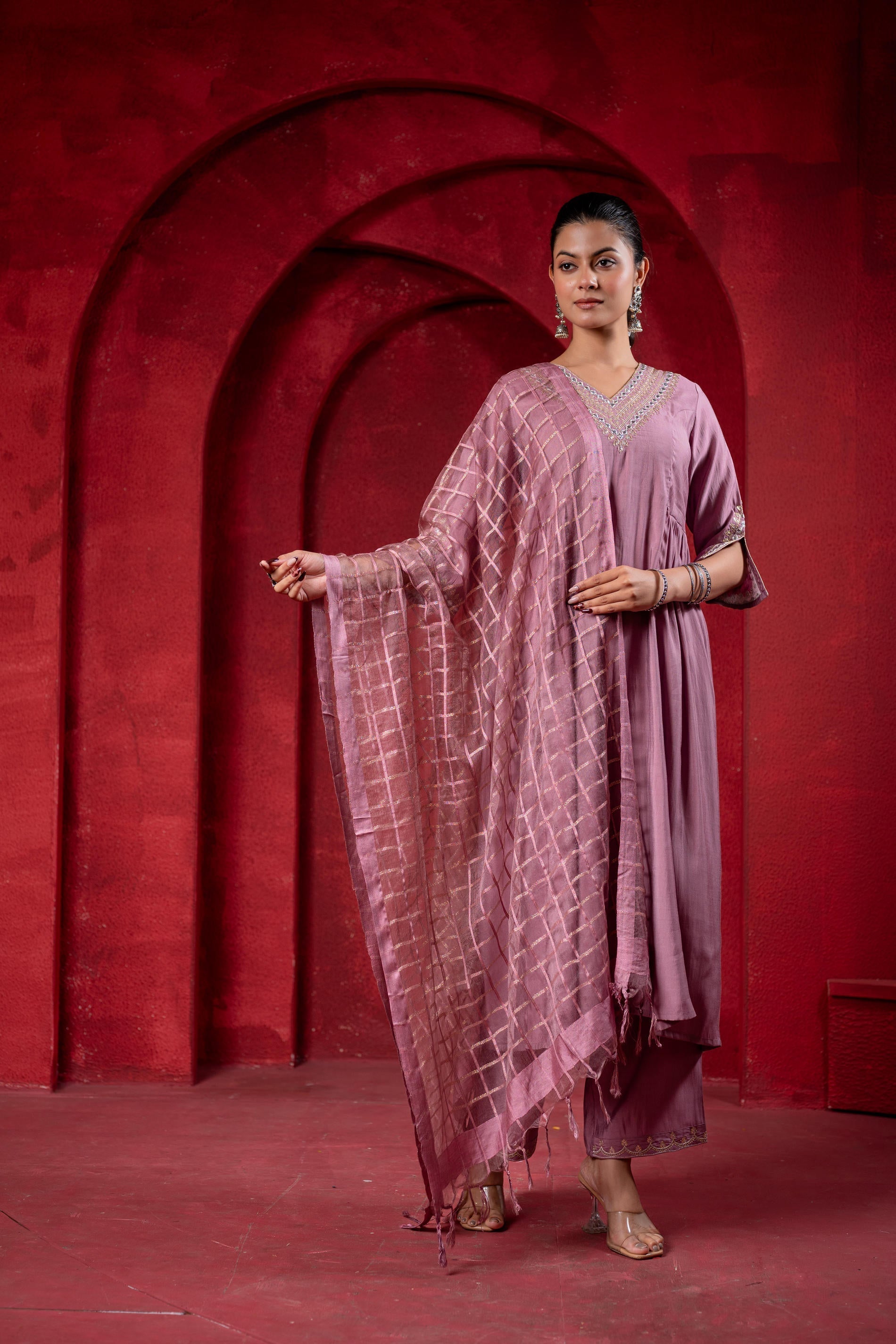 Juniper Onion Pink Elegance Chanderi Kurta Set With Geometric Dupatta - Distacart