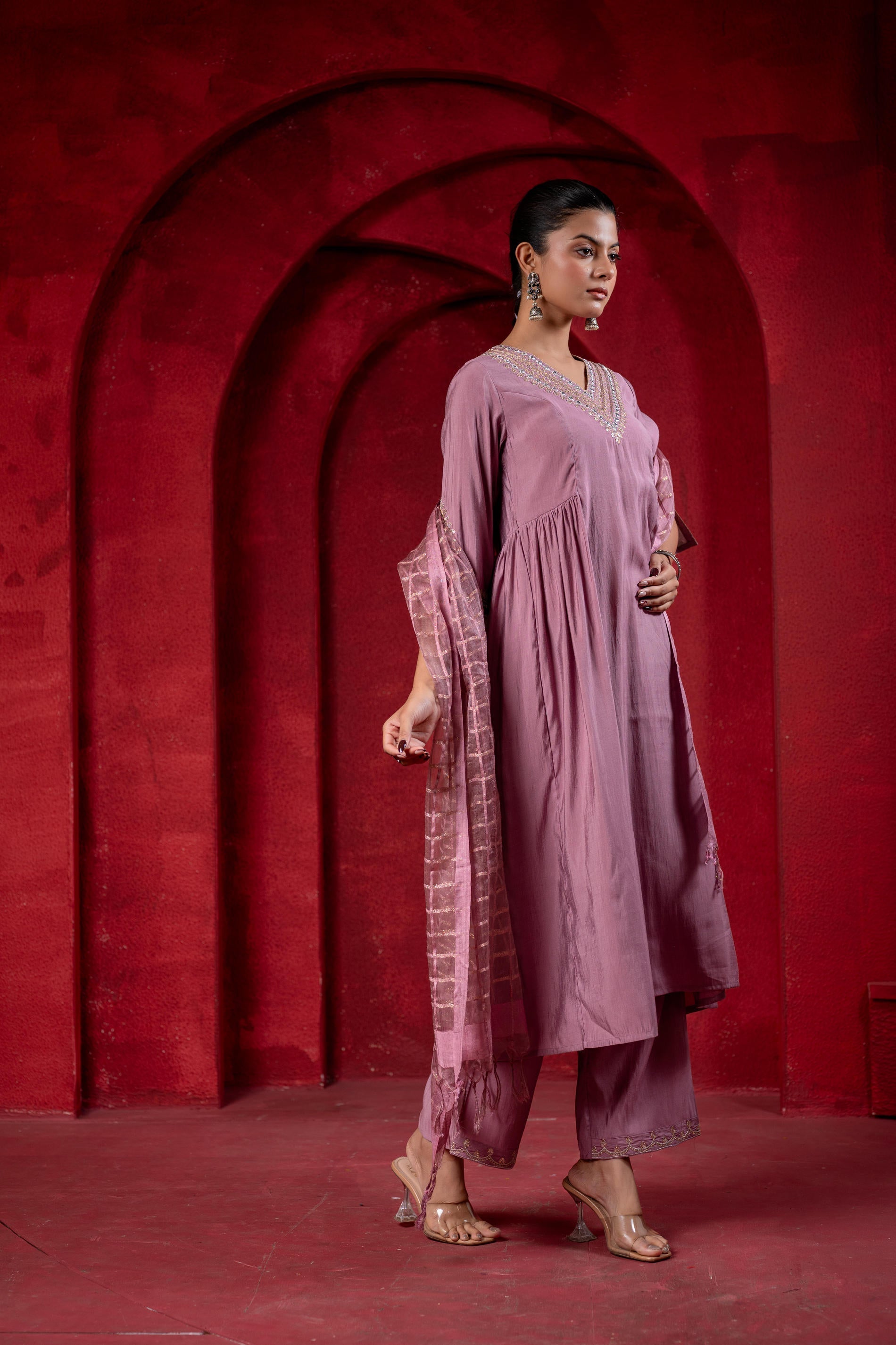 Juniper Onion Pink Elegance Chanderi Kurta Set With Geometric Dupatta - Distacart