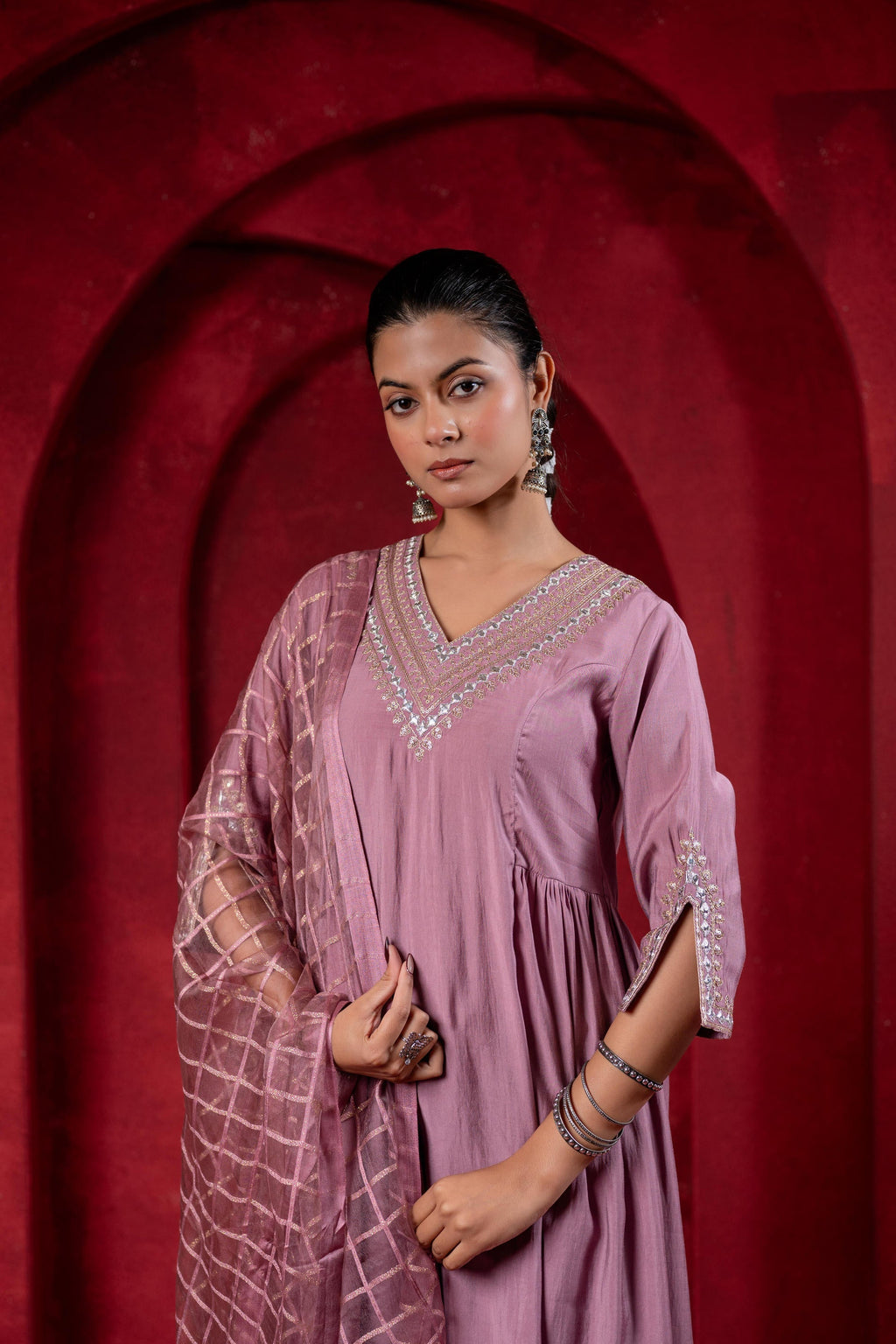 Juniper Onion Pink Elegance Chanderi Kurta Set With Geometric Dupatta - Distacart