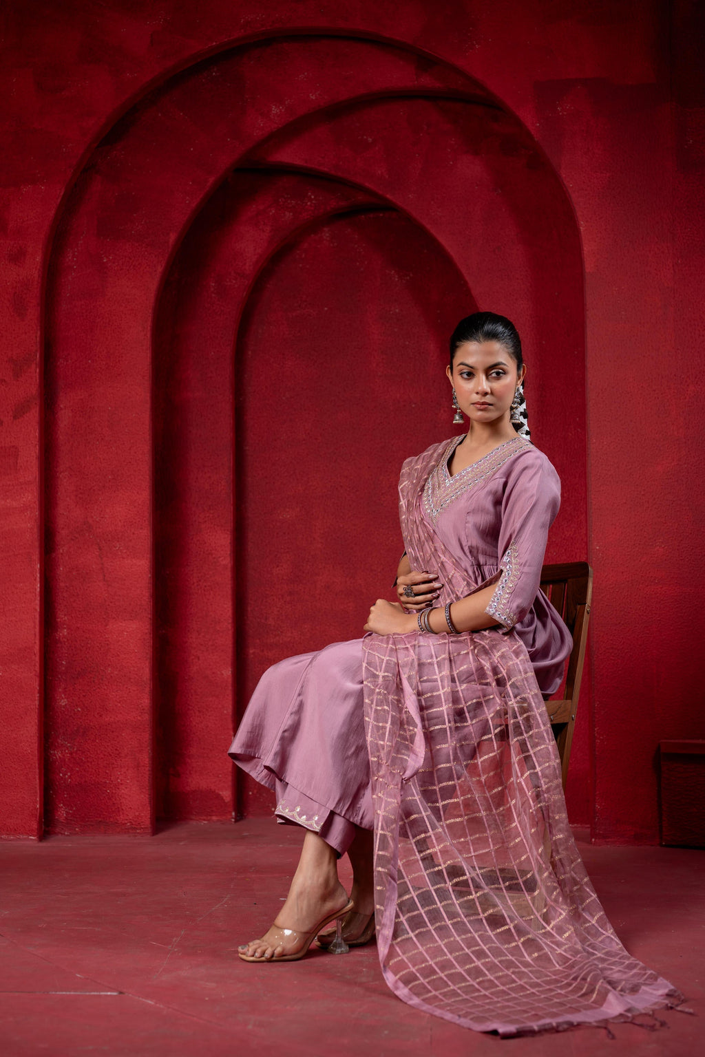 Juniper Onion Pink Elegance Chanderi Kurta Set With Geometric Dupatta - Distacart