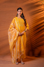 Juniper Mustard, Zari Embroidered Straight Kurta Set With Abstract Printed Dupatta - Distacart