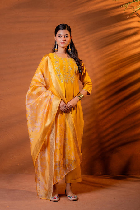 Juniper Mustard, Zari Embroidered Straight Kurta Set With Abstract Printed Dupatta