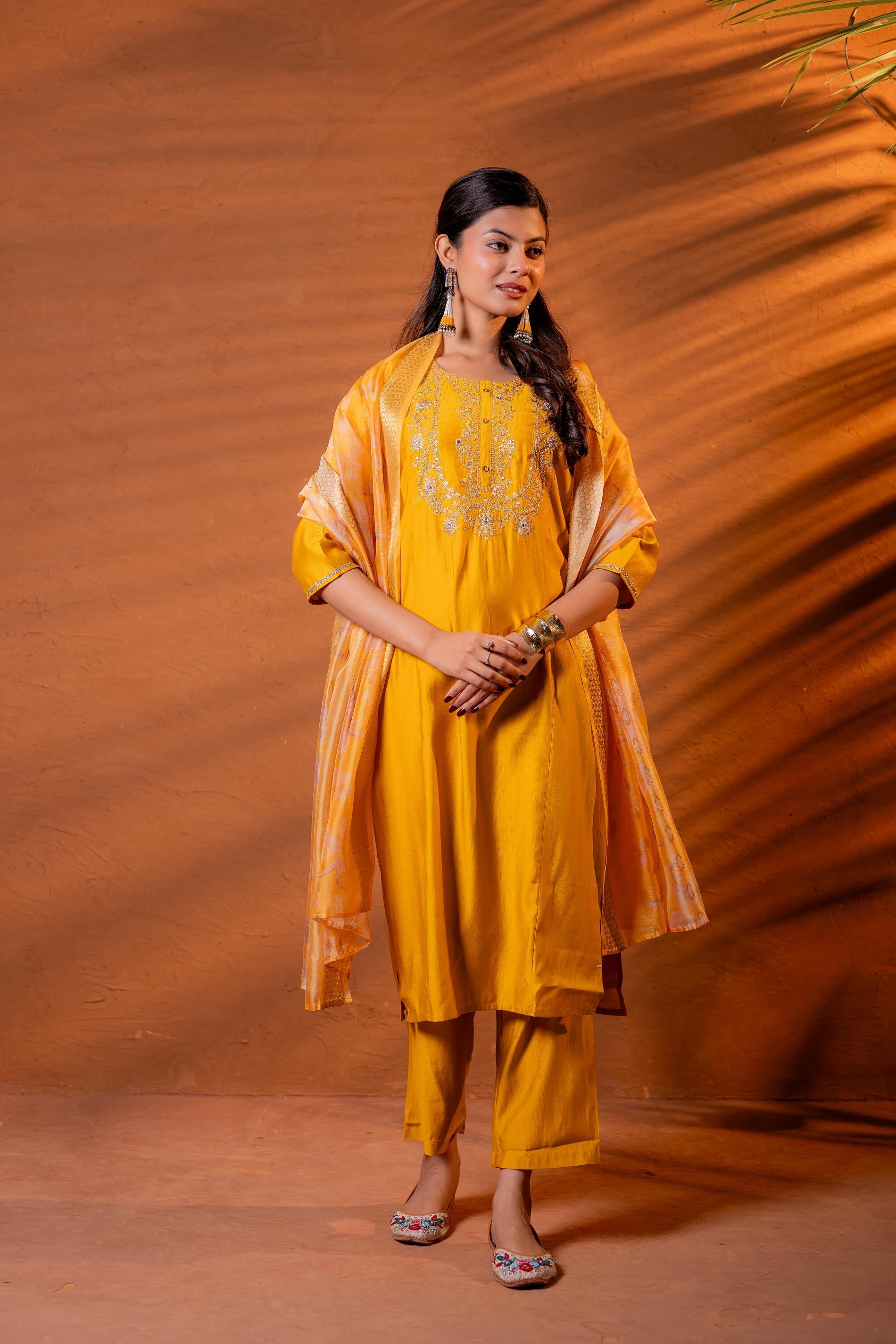 Juniper Mustard, Zari Embroidered Straight Kurta Set With Abstract Printed Dupatta - Distacart