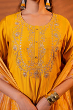 Juniper Mustard, Zari Embroidered Straight Kurta Set With Abstract Printed Dupatta - Distacart