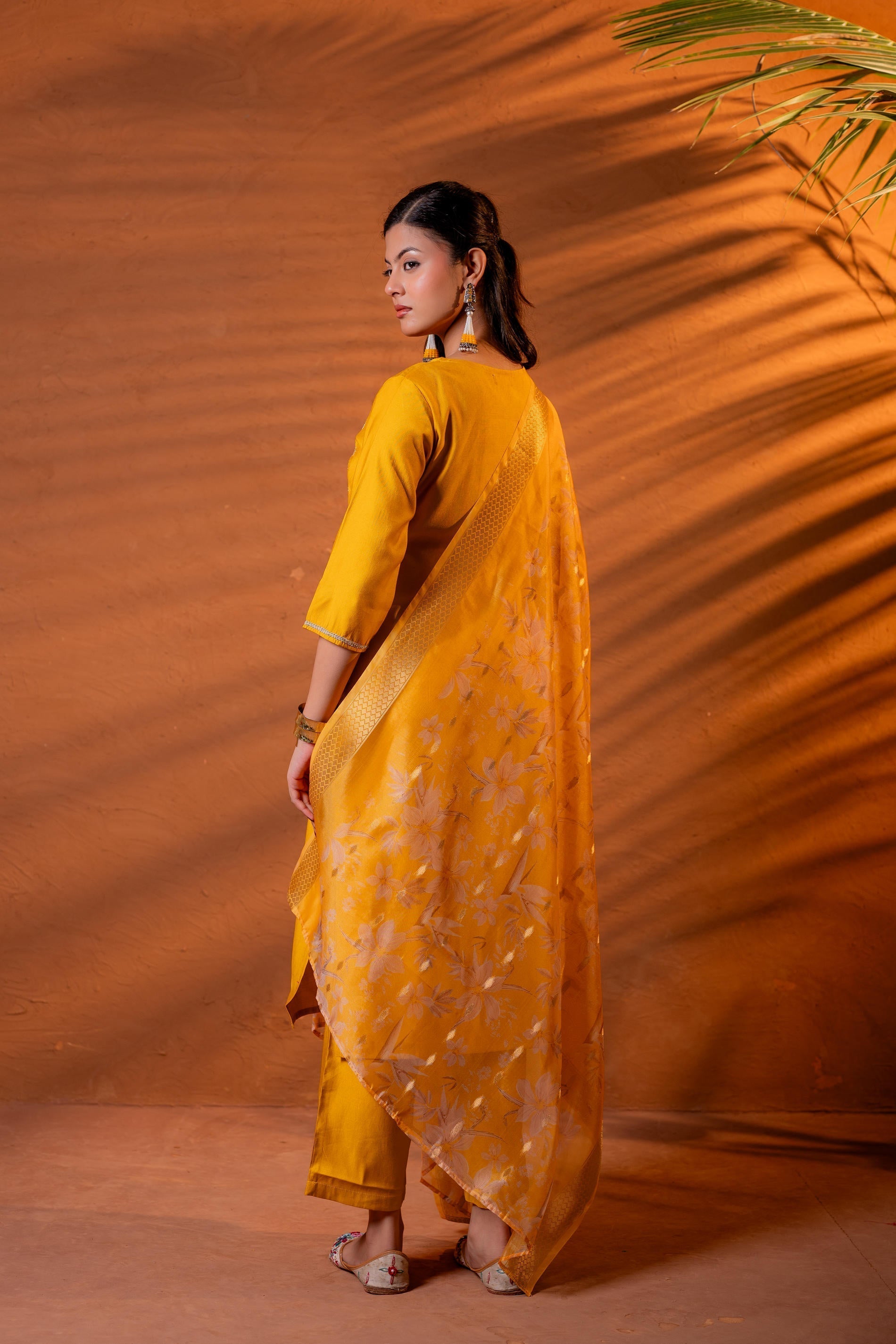 Juniper Mustard, Zari Embroidered Straight Kurta Set With Abstract Printed Dupatta - Distacart