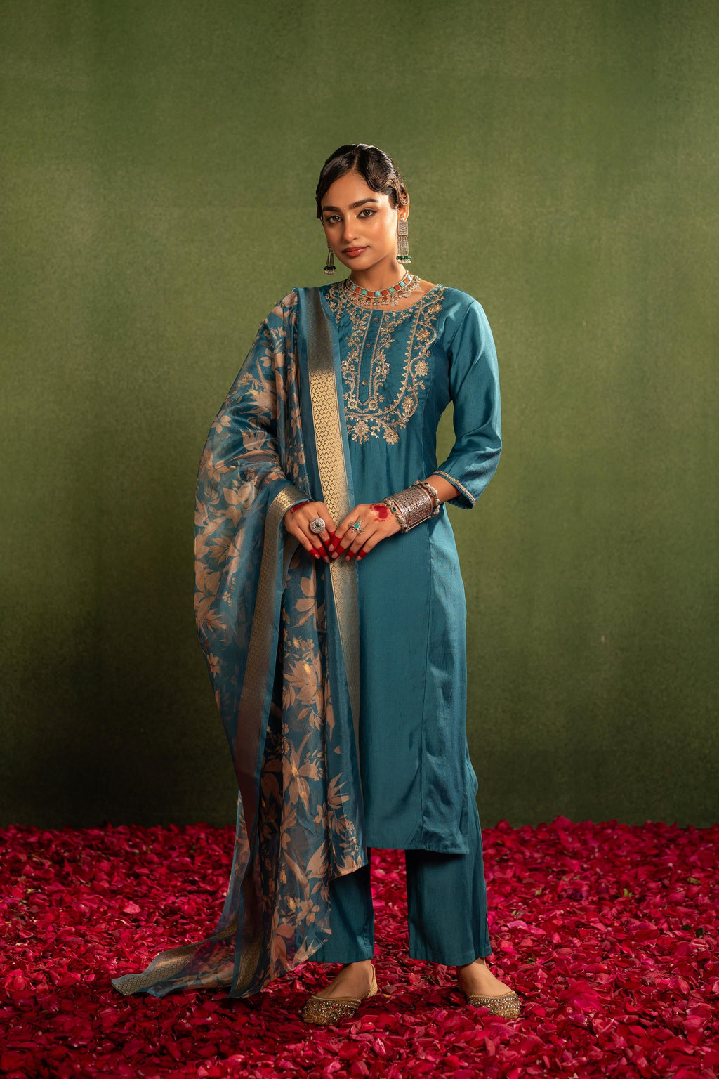 Juniper Teal, Embroidered Kurta Set With Jacquard Dupatta - Distacart