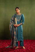 Juniper Teal, Embroidered Kurta Set With Jacquard Dupatta - Distacart