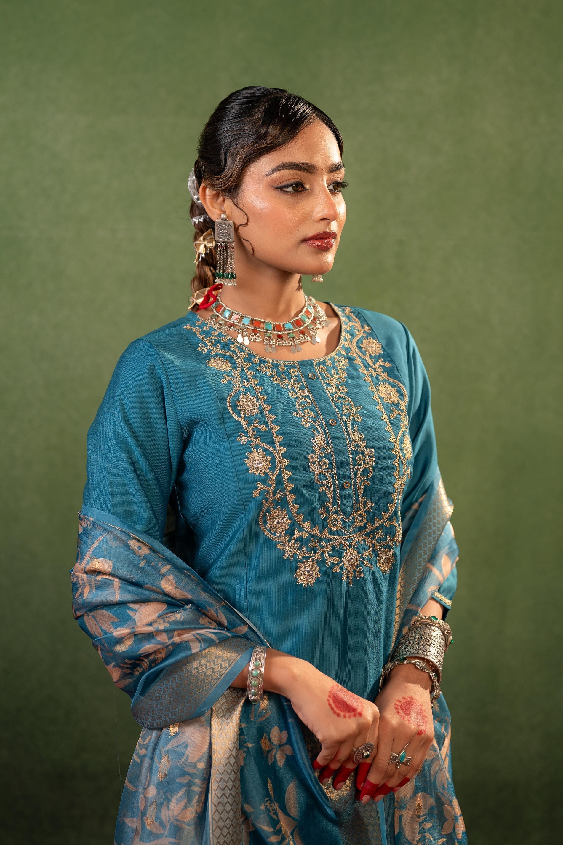 Juniper Teal, Embroidered Kurta Set With Jacquard Dupatta - Distacart