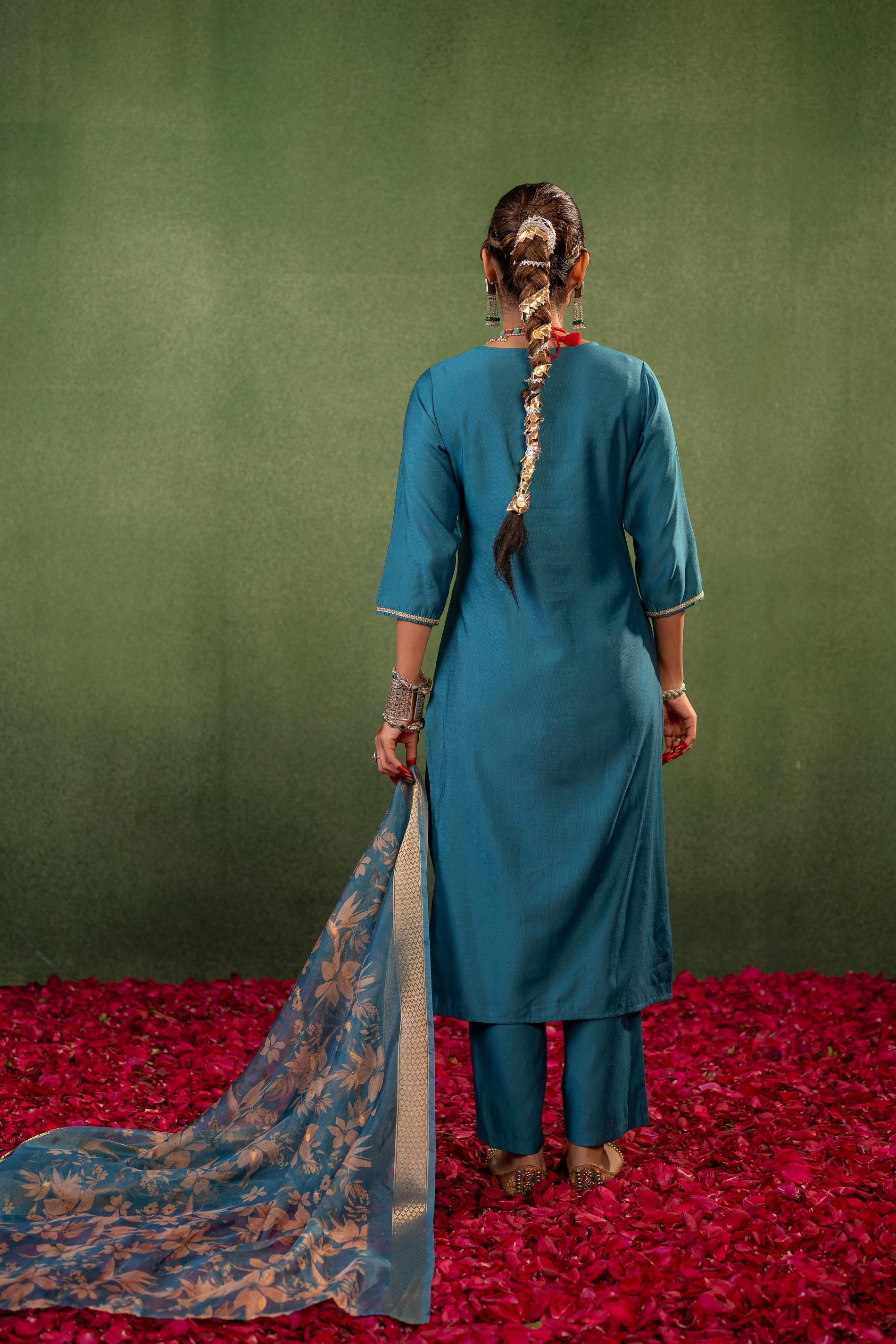 Juniper Teal, Embroidered Kurta Set With Jacquard Dupatta - Distacart
