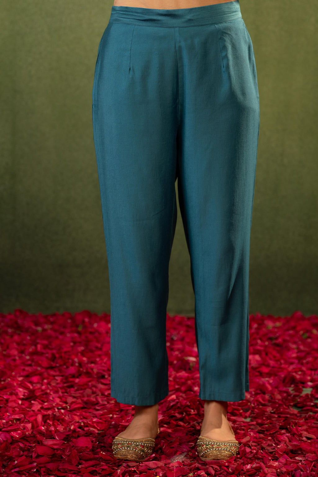 Juniper Teal, Embroidered Kurta Set With Jacquard Dupatta - Distacart