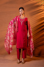 Juniper Fuchsia Zari Embroidered Straight Kurta Set With Floral Printed Dupatta - Distacart