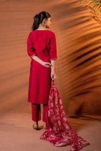 Juniper Fuchsia Zari Embroidered Straight Kurta Set With Floral Printed Dupatta - Distacart