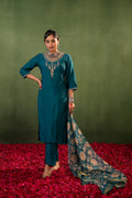 Juniper Green Floral Embroidered Kurta Set With Jacquard Dupatta - Distacart