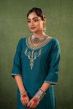 Juniper Green Floral Embroidered Kurta Set With Jacquard Dupatta - Distacart