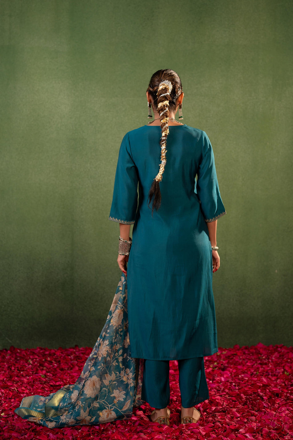 Juniper Green Floral Embroidered Kurta Set With Jacquard Dupatta - Distacart