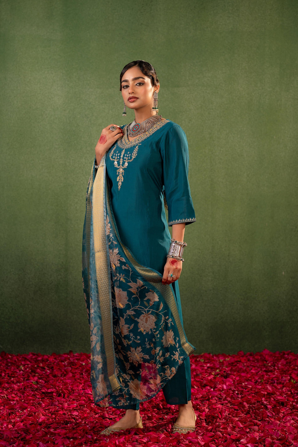 Juniper Green Floral Embroidered Kurta Set With Jacquard Dupatta - Distacart