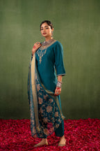 Juniper Green Floral Embroidered Kurta Set With Jacquard Dupatta - Distacart