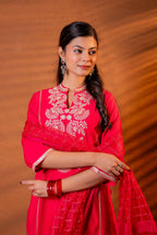 Juniper Fuchsia Embroidered Kurta Set With Zari Checked Dupatta - Distacart