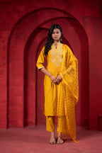 Juniper Sunlit Mustard Embroidered Kurta Set With Zari Checked Dupatta - Distacart