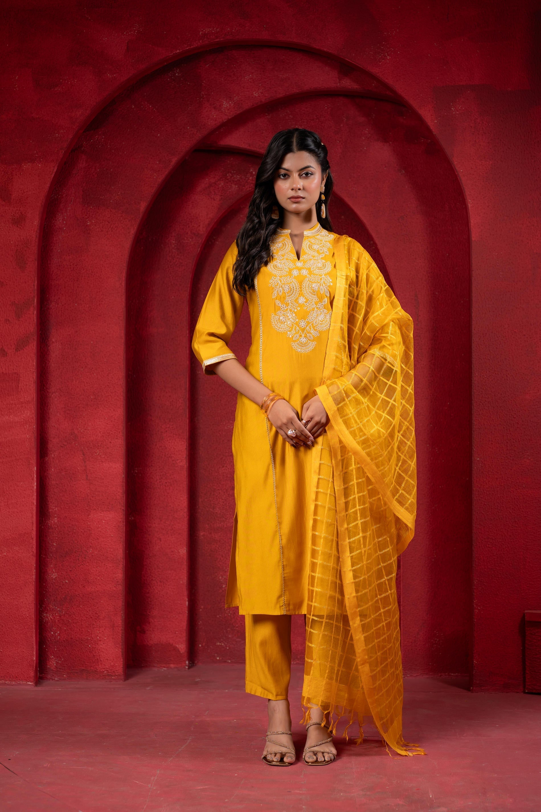 Juniper Sunlit Mustard Embroidered Kurta Set With Zari Checked Dupatta - Distacart