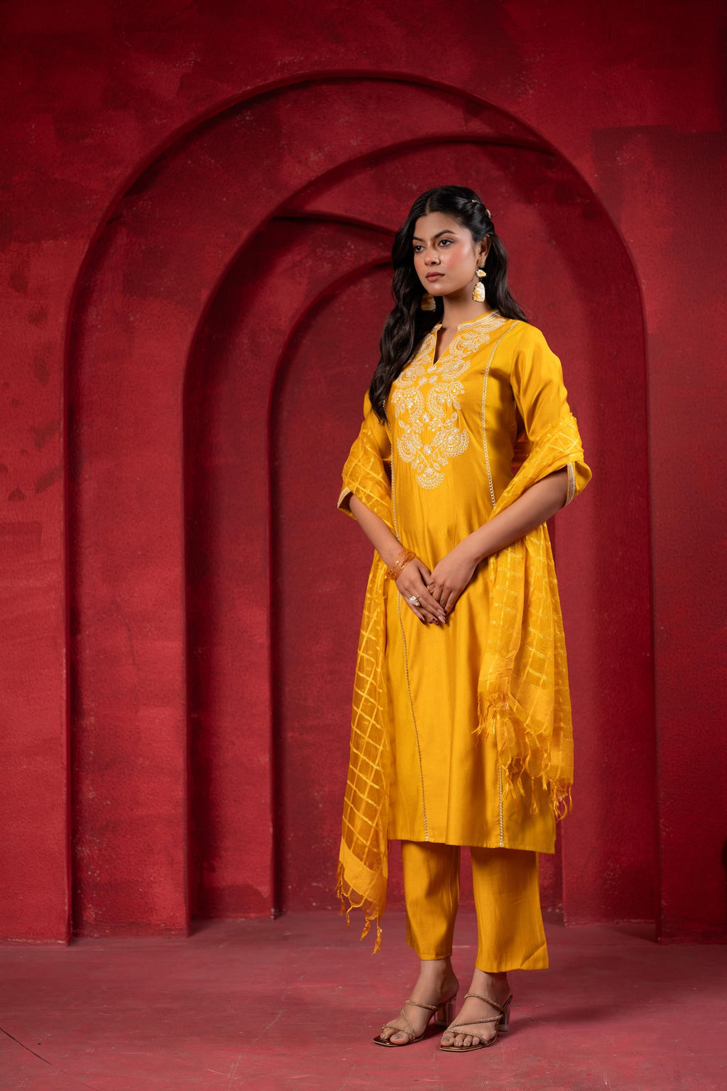 Juniper Sunlit Mustard Embroidered Kurta Set With Zari Checked Dupatta - Distacart