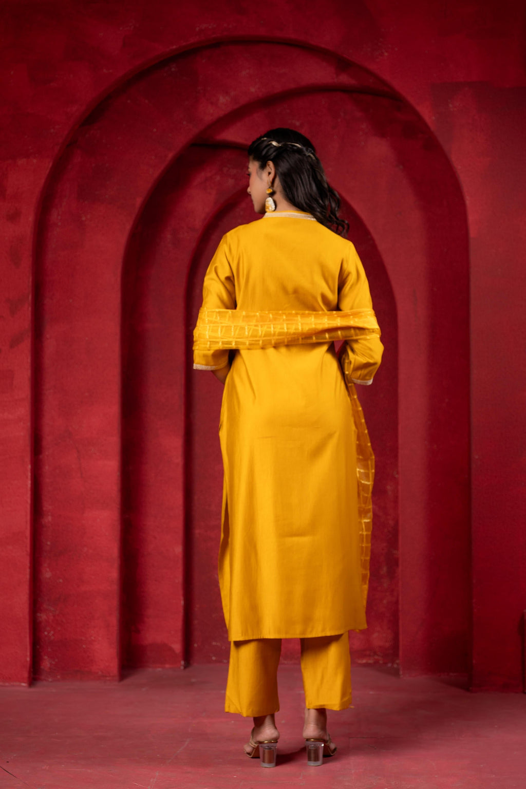 Juniper Sunlit Mustard Embroidered Kurta Set With Zari Checked Dupatta - Distacart