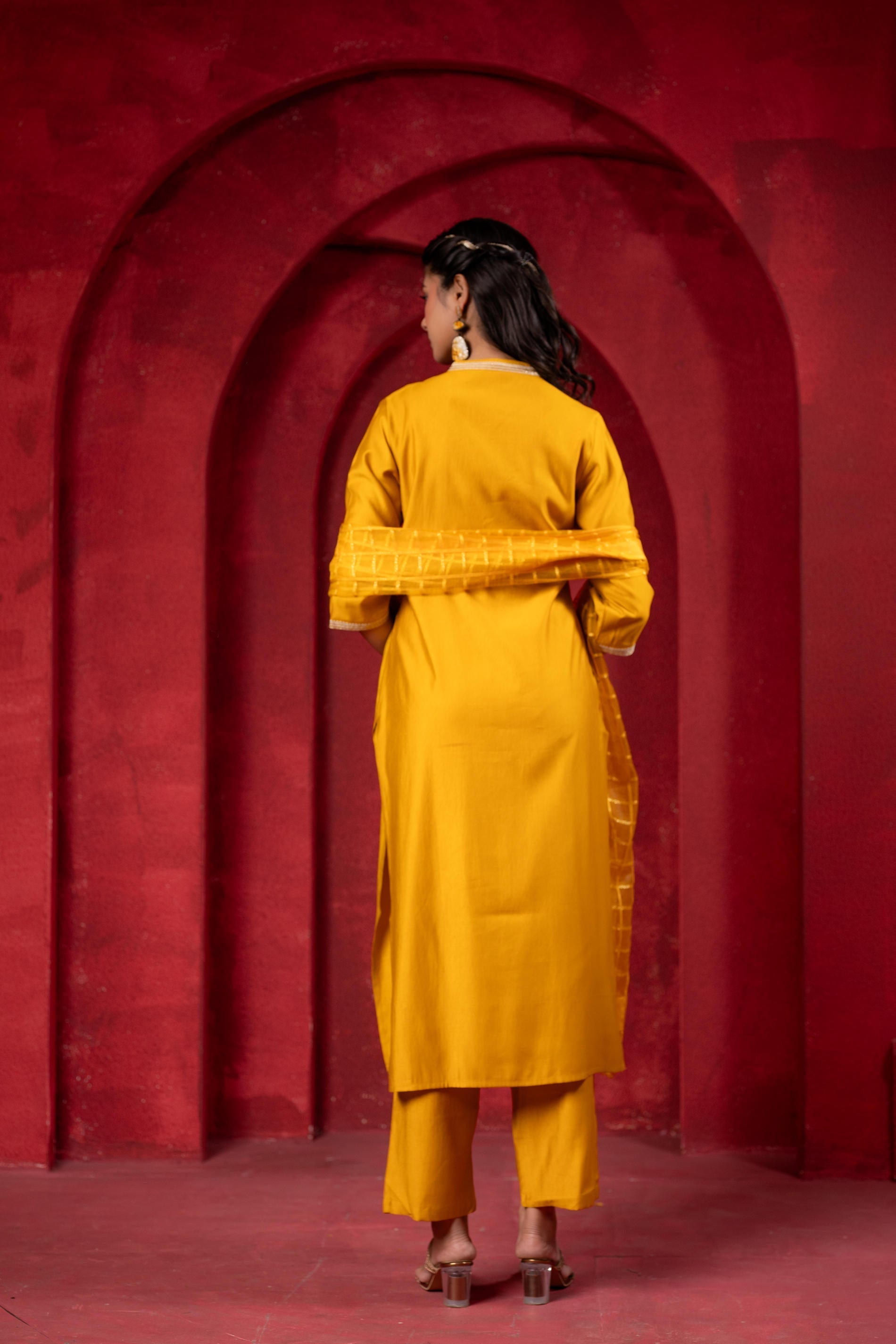 Juniper Sunlit Mustard Embroidered Kurta Set With Zari Checked Dupatta - Distacart