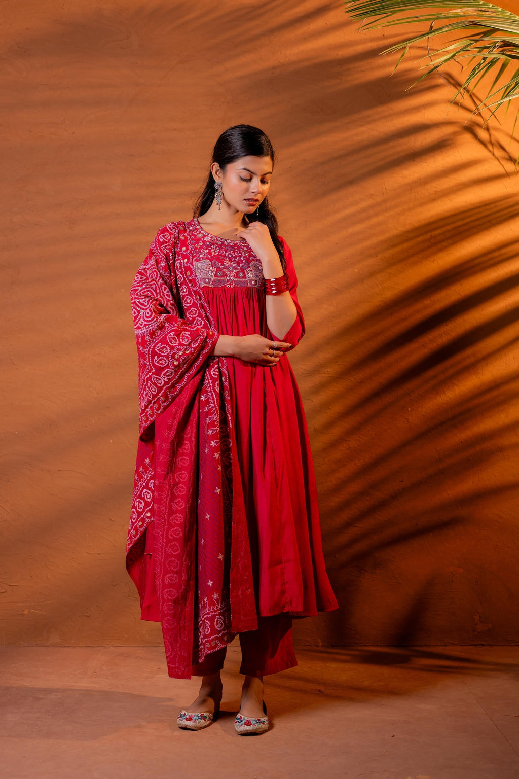 Juniper Maroon Ajrakh-Inspired Printed Kurta Set With Embroidered Yoke & Matching Dupatta - Distacart