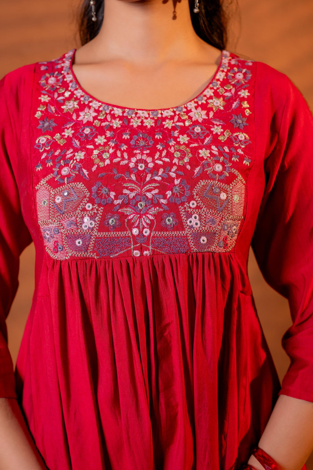 Juniper Maroon Ajrakh-Inspired Printed Kurta Set With Embroidered Yoke & Matching Dupatta - Distacart
