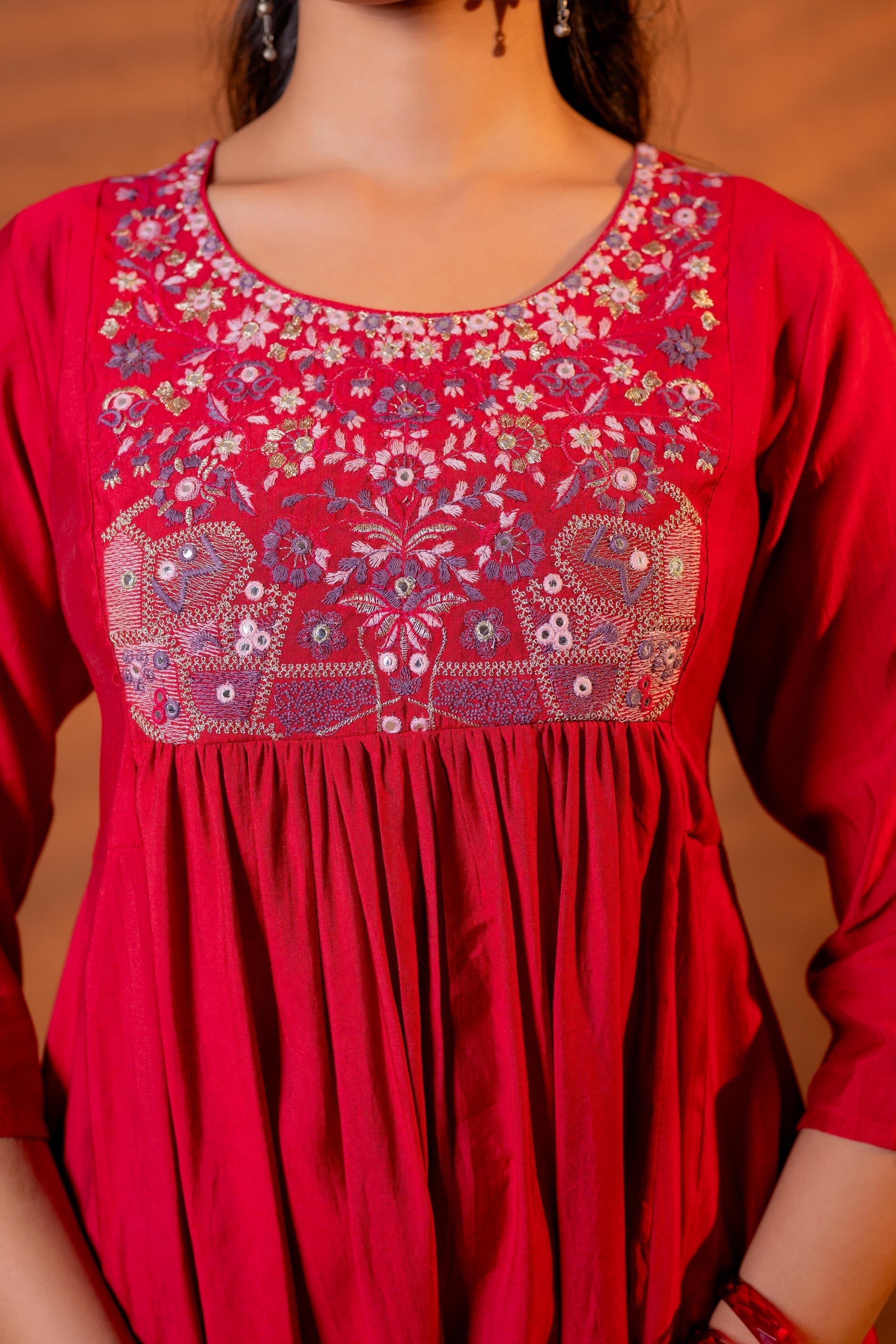 Juniper Maroon Ajrakh-Inspired Printed Kurta Set With Embroidered Yoke & Matching Dupatta - Distacart