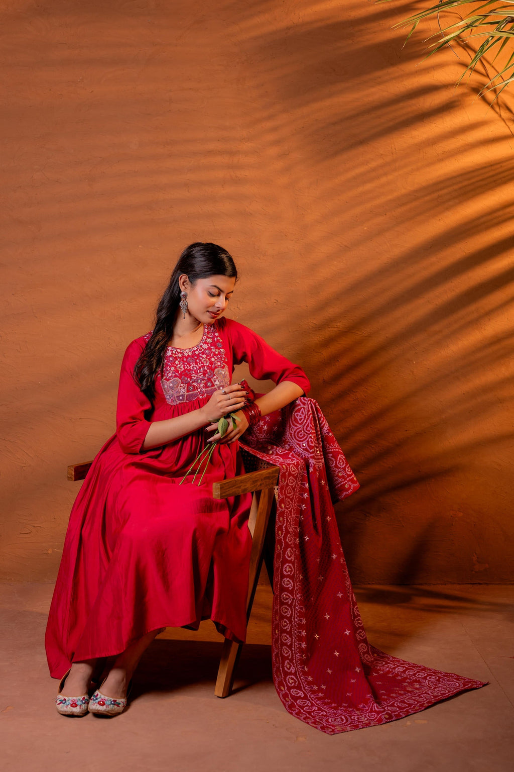Juniper Maroon Ajrakh-Inspired Printed Kurta Set With Embroidered Yoke & Matching Dupatta - Distacart